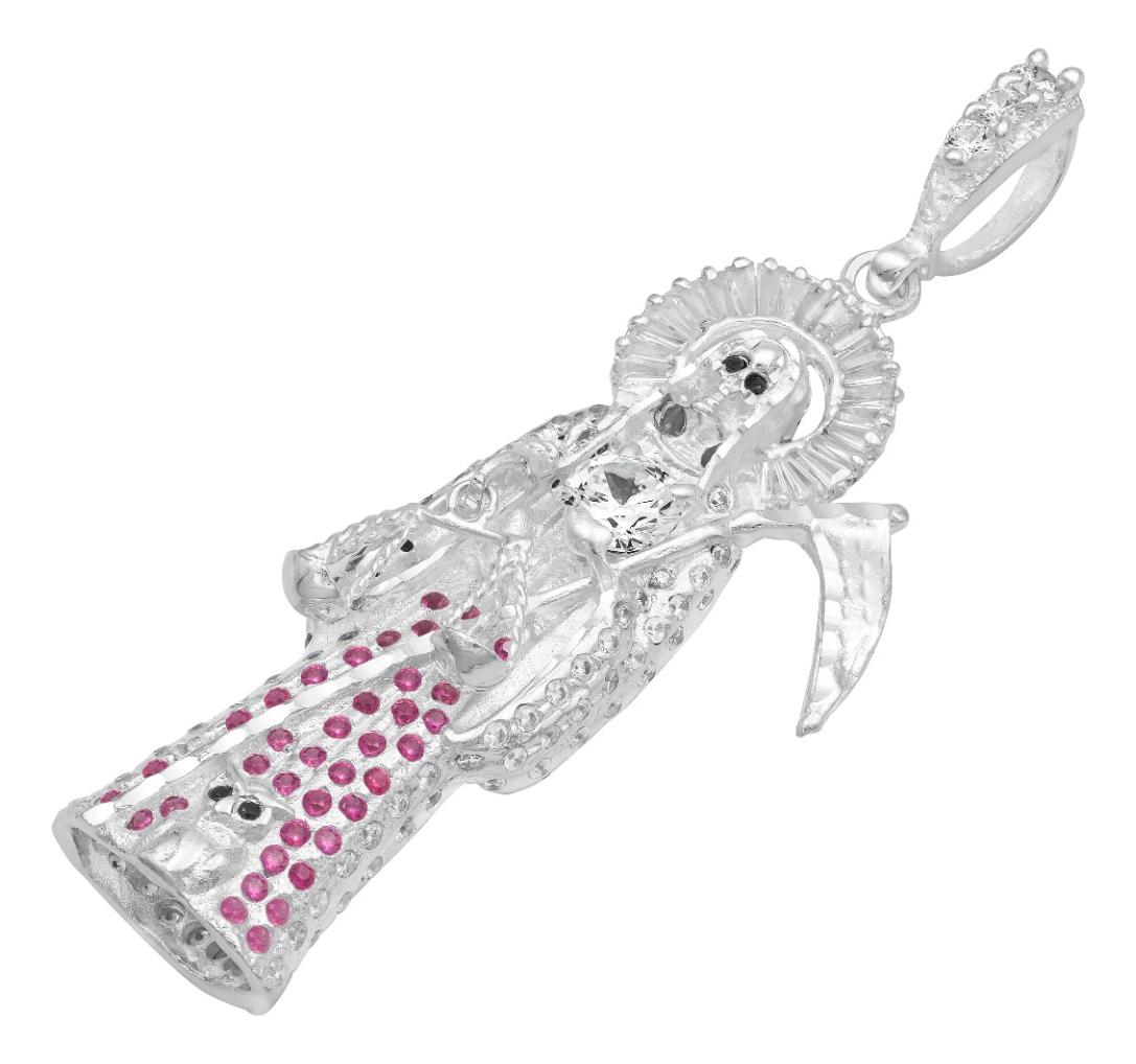 Joyaris Dije Santa Muerte 3d Grande Plata925 Hombre Zirconia Fucsia