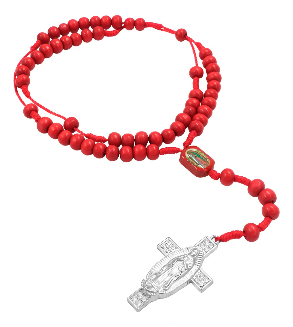 Rosario De Madera Con Cruz De La Virgen De Guadalupe Metal Rojo