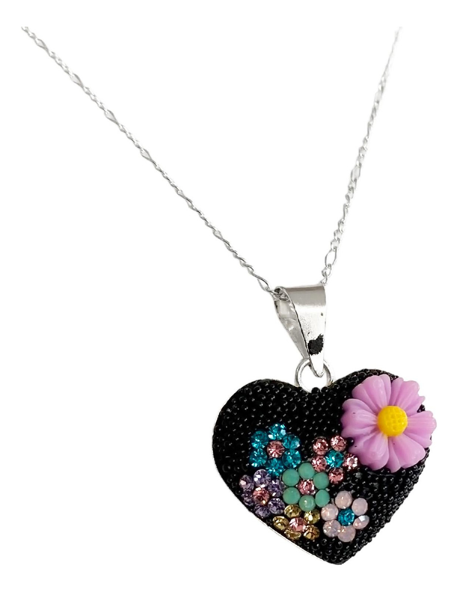 Collar Aretes Corazón Artesanal Chico Piedras Plata Ley 925