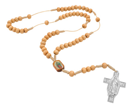 Rosario De Madera Con Cruz De La Virgen De Guadalupe Metal Beige