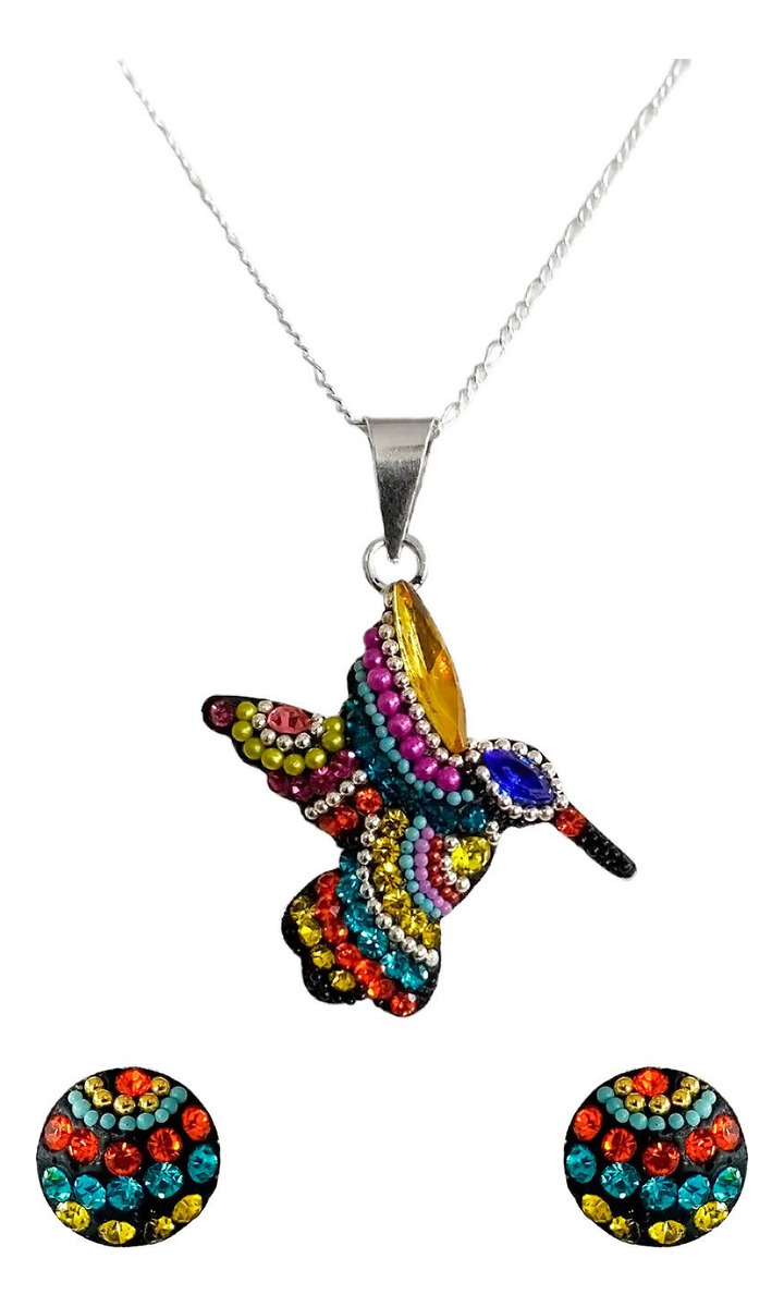 Collar Aretes Colibrí Artesanal Chico Piedras Plata Ley 925