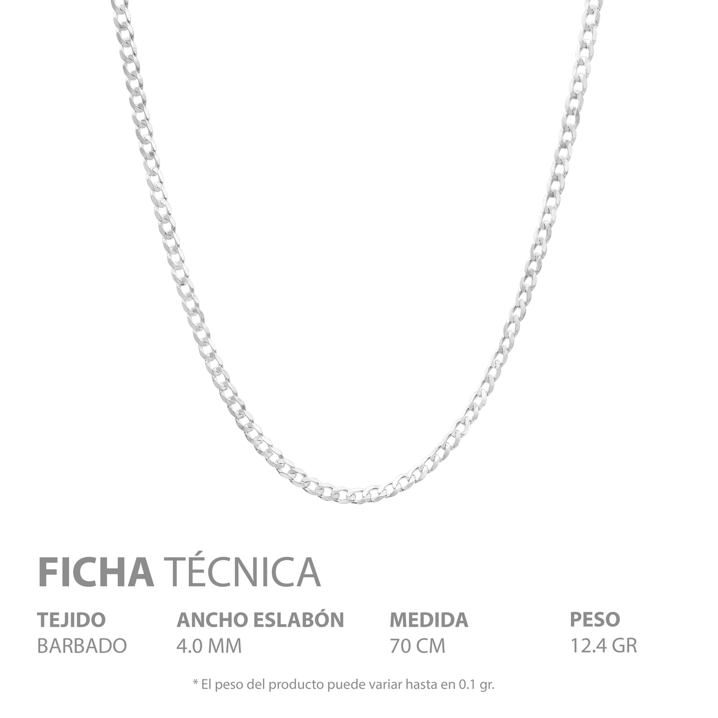 Cadena Cubana Delgada Plata S925 Hombre Barbado 70 Cm X 4mm 52053