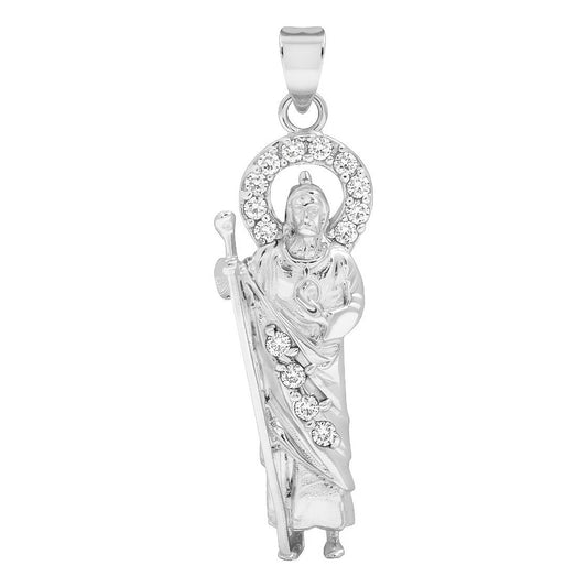 Dije De San Judas Tadeo De Plata 925 Con Zirconias 5 Cm Blanco