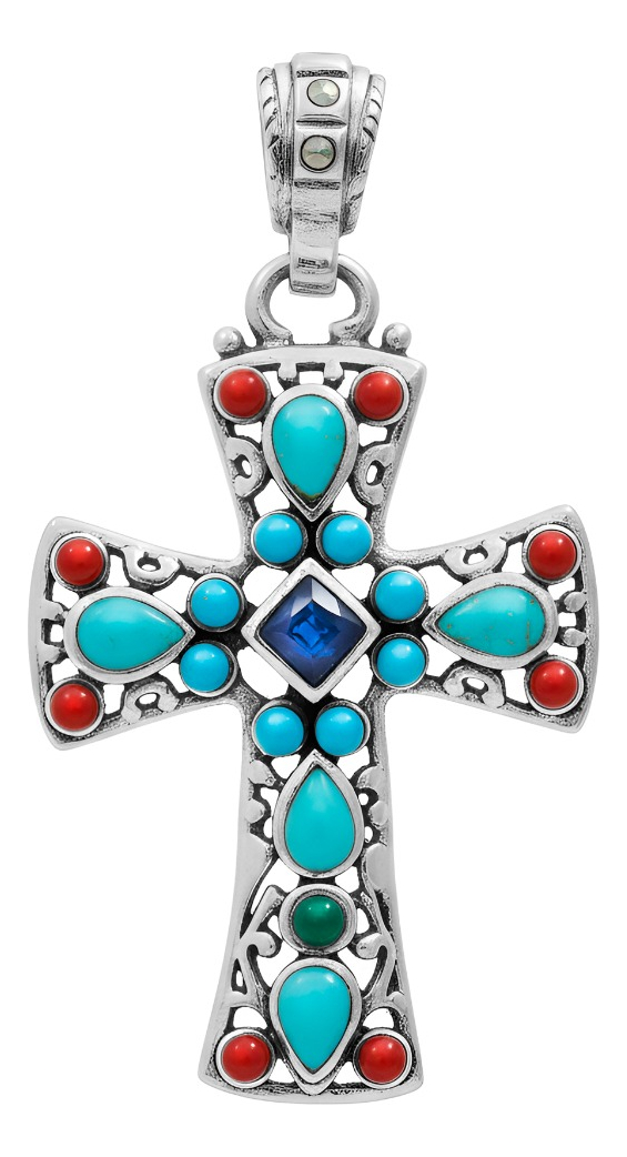 Dije Cruz Grande Plata 925 Piedra Natural Zirconia 4.3 Cm Azul