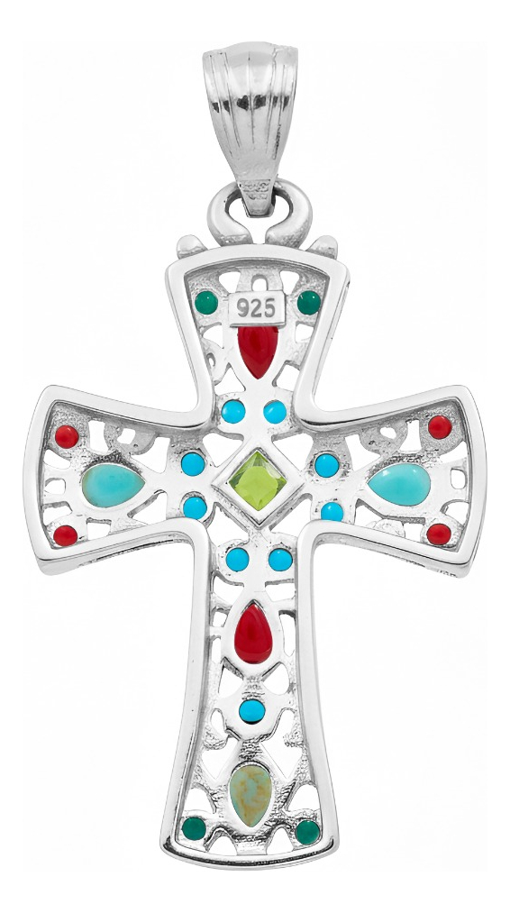 Dije Cruz Grande Plata 925 Piedra Natural Zirconia 4.3 Cm Verde